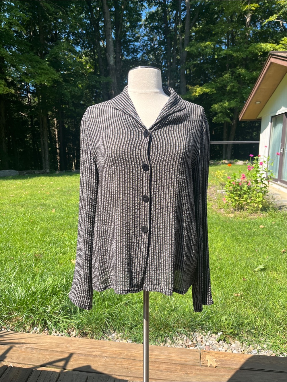 Eileen Fisher Black, Silver, Gold Textured Long Sleeve Top. Vintage.